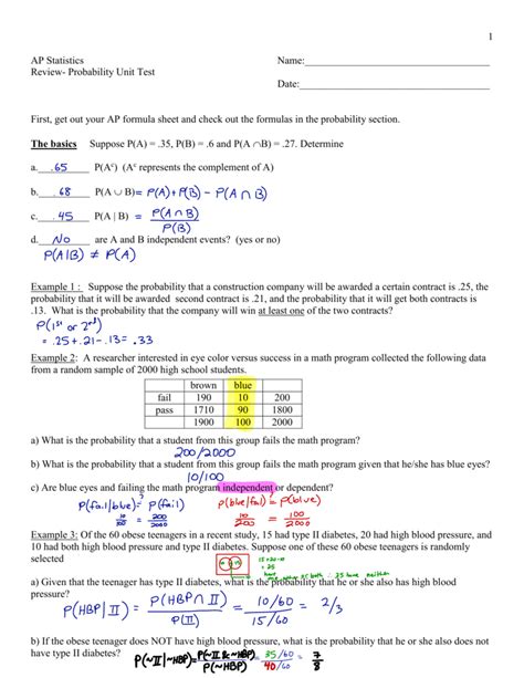 1 AP Statistics Name Review Probability Unit Test Date