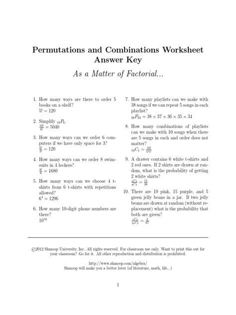 1 And Answers Lesson 11 Combinations Permutations