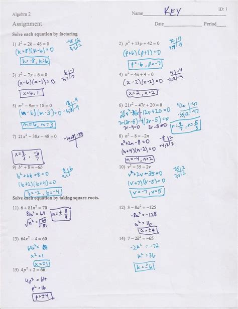 1 Equations Answer Quadratic Algebra Solving Key