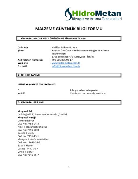1 GÜVENLİK BİLGİ FORMU.