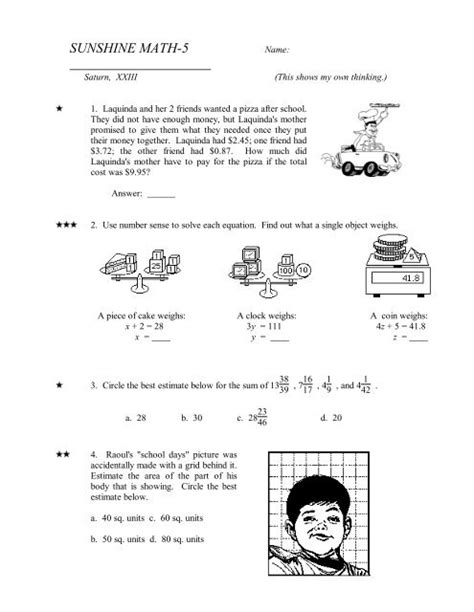 1 Math Grade Sunshine Answers