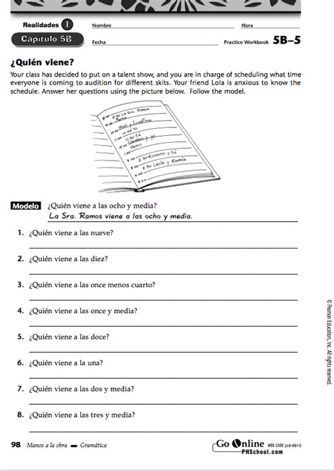 1 Realidades Practice Core Workbook Answers 5b