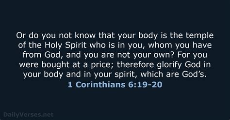 1 corinthians 6 nkjv. 1 Corinthians 6:19–20 — New Century Version (NCV) 19 You should know that your body is a temple for the Holy Spirit who is in you. You have received the Holy Spirit from God. So you do not belong to yourselves, 20 because you were bought by God for a price. So honor God with your bodies. 