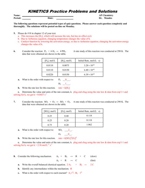 1 E Kinetics Practice Problems With Answers Chemical Kinetics Worksheet Answers - Chemical Kinetics Worksheet Answers