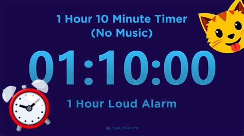 Allows you to countdown time from 1 hour 10 min to zero. Easy to adjust, pause, restart or reset. 1 hour 10 minute equal 4200000 Milliseconds 1 hour 10 minute equal 4200 Seconds 1 hour 10 minute is about 70 Minutes . Popular Preset Timers. 1 min 5 min 10 min 15 min 30 min 45 min 1 hour 2 hour. More Timers. 1 Hour 7 Min. 