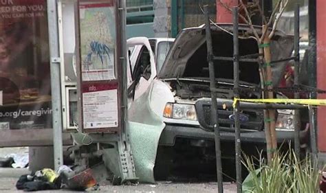 1 killed, 4 injured after carjacked vehicle plows into SF bus stop