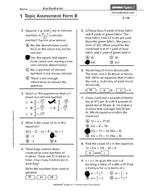1 Topic Assessment Form A Answers