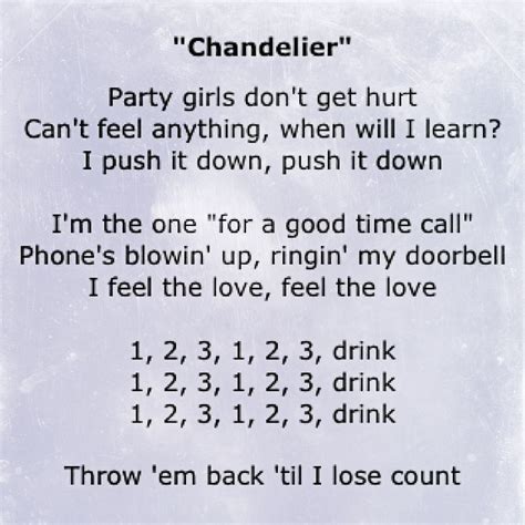 1-2-3 DRINK Sia – Chandelier Lyrics, Song Meanings, Videos, Full ...