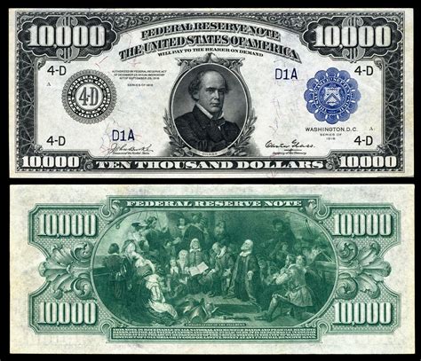 10 000 us dollar bill. The 10,000-dollar bill (Salmon P. Chase) was issued alongside the $5,000 (James Madison), $1,000 (Grover Cleveland), and $500 (William McKinley) bills. Interestingly the federal government has issued various types of 10,000-dollar bills, but some of the most commonly available notes are those produced in 1928. 