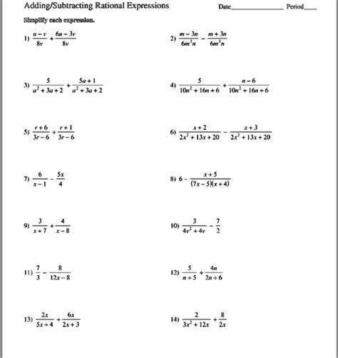 10 Adding and Subtracting Rational Expressions Worksheet ESL