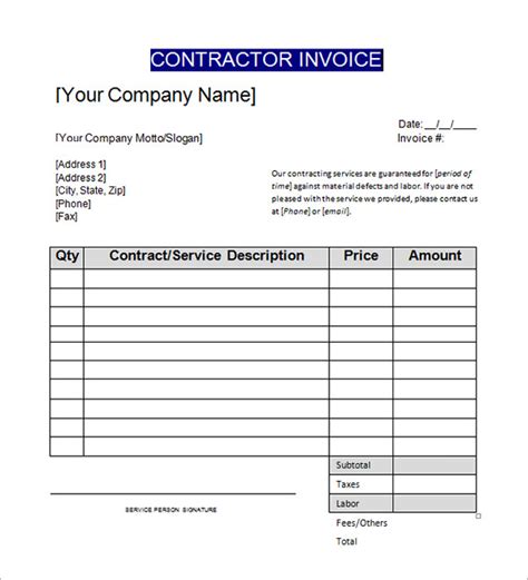 10 Contractor Invoice Template Editable SampleTemplatess