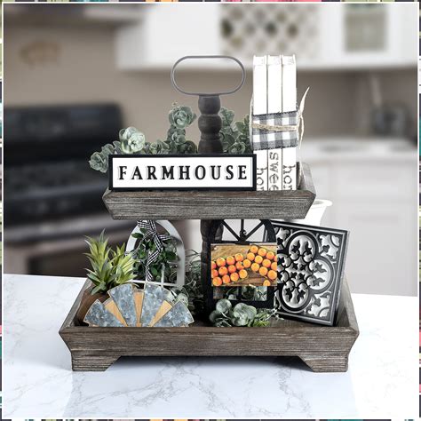 10 Pcs Camping Tiered Tray Decor Set Farmhouse Farm Tiered Tray Decor Wood