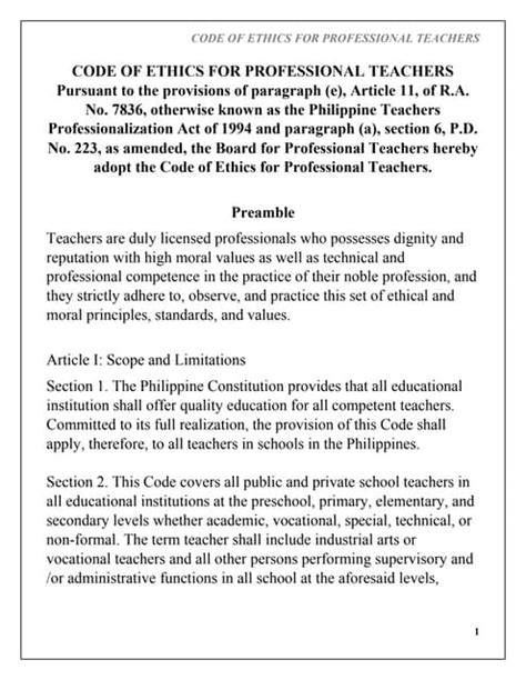 10 code of ethics for teachers.  This Code covers all public and private school teac...