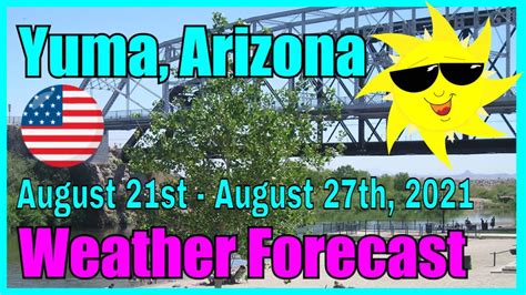 Point Forecast: 4 Miles NW Yuma AZ 32.68°N 114.67°W: Mobile Weather Information | En Español Last Update: 12:52 am MST Aug 26, 2023 Forecast Valid: 4am MST Aug 26, 2023-6pm MST ... North northwest wind between 5 and 10 mph. Saturday Night: Mostly clear, with a low around 87. Northwest wind between 6 and 10 mph. Sunday: Sunny and hot, with a .... 
