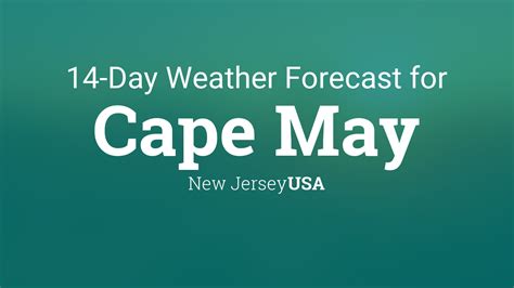 72°F / 64°F Wind: 30mph ENE Humidity: 91% Precip. probability: 97% Precipitation: 1.38" UV index: 4 On Saturday, in Cape May, thunderstorms and windy weather are forecasted. Intense precipitation of 1.38" is anticipated. A narrow temperature span is expected, from a high of an agreeable 71.6°F to a low of an enjoyable 64.4°F.. 