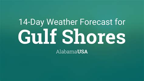 Columbus Day. Sunny, with a high near 78. Monday Night. Mostly clear, with a low around 61. ... Gulf Shores AL 30.26°N 87.7°W (Elev. 13 ft) Last Update: 3:20 pm CDT Oct 4, 2023 ... Radar & Satellite Image. Hourly Weather Forecast. National Digital Forecast Database. High Temperature. Chance of Precipitation. ACTIVE ALERTS Toggle menu ...