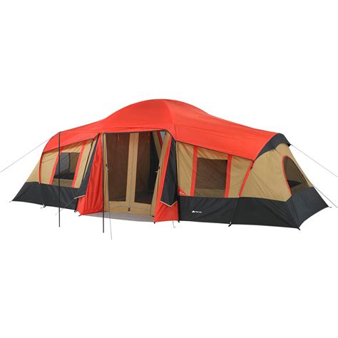 10 man ozark trail tent. The assembled weight of this tent is 16.81 ounces, and it’s suitable for all seasons. It also includes e-port, gear loft, and gear organizer. This is a six-person tent, measuring 12 by 8.5 by 6 feet. It can fit two queen-sized airbeds with a center height of 6 feet. A spacious, family-style tent with a startlingly low price point. 