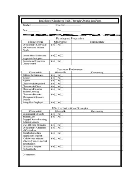 10 Minute Walkthrough Observation Form