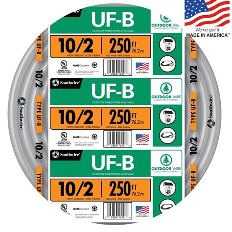 Southwire's copper UF-B cable is used in applications that include outside lamp posts, pumps and other loads. It can also be used for outbuildings such as garages and barns. UF-B feeds from a distribution point in an existing building. UF-B has a heat capacity of 90°C and is rated at 600-Volt. UL Listed and CSA certified.