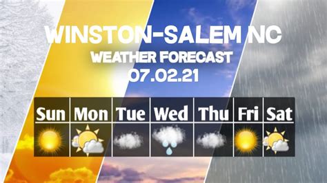 10-day weather forecast for winston-salem north carolina. Sunrise. 6:56 pm. Sunset. Day. Sunny, with a high near 64. West wind 5 to 10 mph, with gusts as high as 18 mph. Night. Clear, with a low around 39. Northwest wind around 6 mph becoming calm after midnight. 