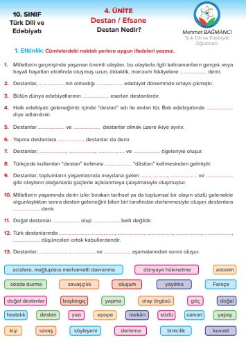 10.Sınıf Türk Dili ve Edebiyatı Destan-Efsane Ünitesi Test Soruları.