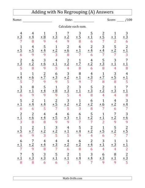 100 SingleDigit Addition Questions with No Regrouping (A) Addition