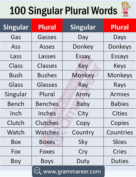 100 Singular and Plural Words List with Rules Chart in English PDF
