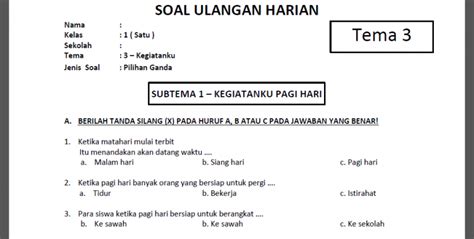 100 Soal Pilihan Ganda Kelas 1 SD Tema 3 Kegiatanku dan Kunci Jawaban