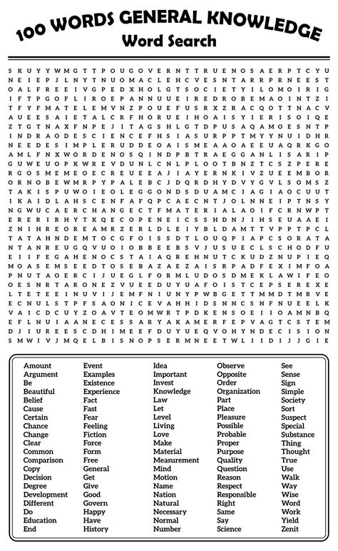100 Words General Knowledge Word Search
