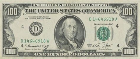  <p>This is a Series 1974 One Hundred Dollar Bill, which is a US Federal Reserve Note. It features the portrait of Benjamin Franklin and the back has an image of Independence Hall. The bill has been circulated and is ungraded, but has no tears or stains. It is a great addition to any collection and is a piece of history that can be passed down for generations. The bill is not certified, but the ... . 