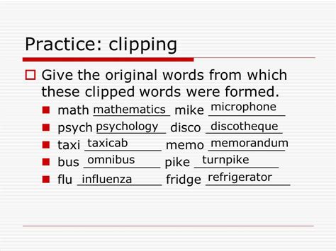 100 examples of clipped words.  For each clipped word, an example sentence...
