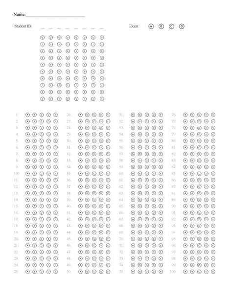 100 Question Test Answer Sheet