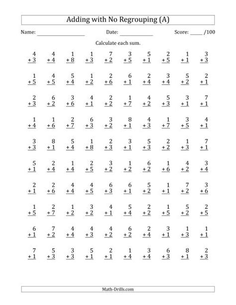 100 Single Digit Addition Questions With Some Regrouping Single Digit Math Worksheets - Single Digit Math Worksheets