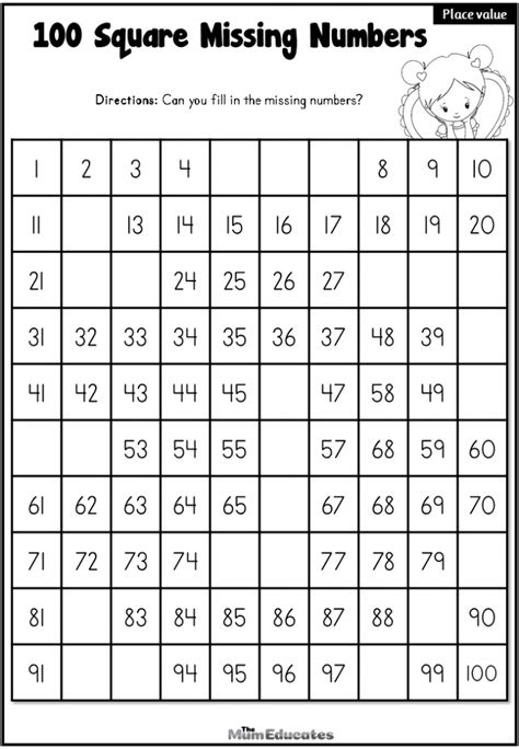 100 square with missing numbers