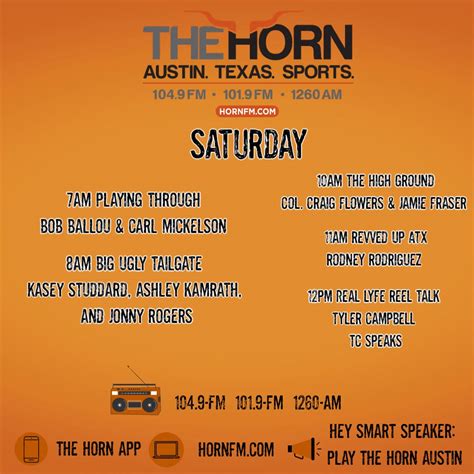 104.9 the horn austin. Here is how to tune into Texas’ season opener on Saturday: When: Saturday, Sept. 3, 7 p.m. CT. Where: Darrell K Royal Memorial Stadium (Austin, Texas) TV Channel: Longhorn Network. Radio: Longhorn Radio Network – 104.9 The Horn. Live Stream: fuboTV ( try it free) Contact/Follow us @LonghornsWire on Twitter, and like our page on … 
