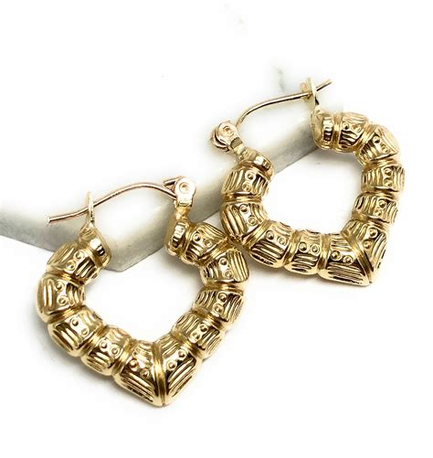 10k Yellow Gold Heart Bamboo Hoop Earrings 1.5 Inches Wide.