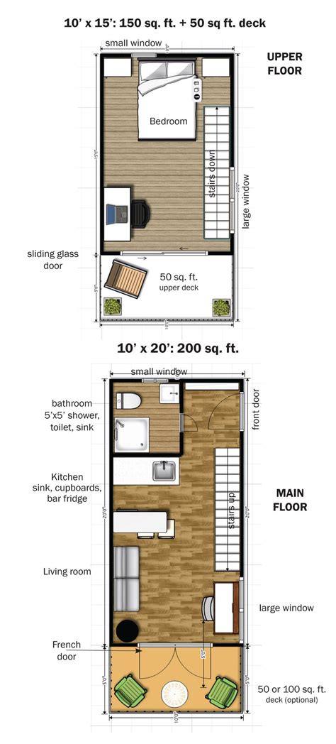 10x20 tiny house floor plans. Explore the modern and urban-inspired interior of this 10x20 tiny house with 1 loft bedroom for 1-2 people. See the u-shaped kitchen, cozy living room, space-efficient bathroom, and smart storage solutions in this template design. 