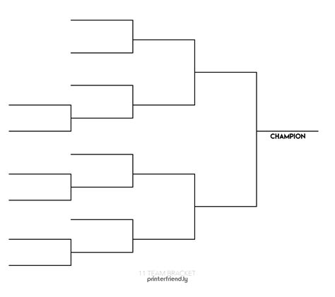 A 11-team single-elimination bracket is a competition where each match pits two of the ten teams against each other; the winner advances and the loser is eliminated from the single-elimination tournament. This continues until only one team from the original 11-team bracket remains. Can I use printable tournament brackets for any sport or game?. 