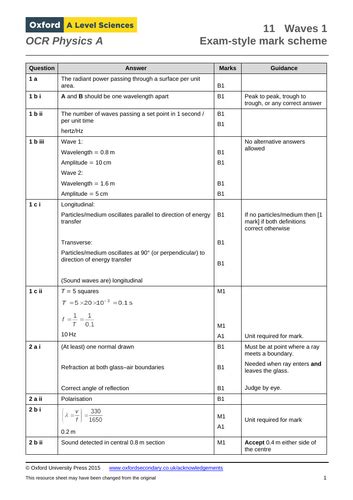 11 Waves 1 Ocr Physics A Exam Style Mark Scheme