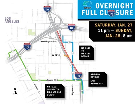 110 freeway closures. From 11 p.m. Friday until 7 a.m. Saturday, Caltrans will close three of the four southbound lanes of the 110 Freeway between the 10 Freeway interchange and Exposition Boulevard, according to the ... 