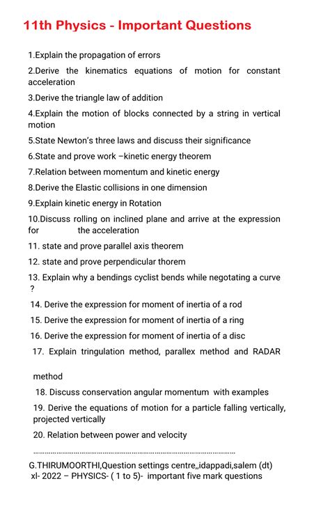 11th Physics Important Questions