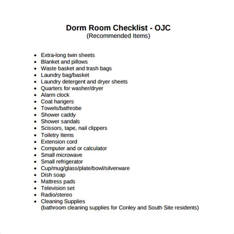 12+ Sample Dorm Room Checklist Templates Sample Templates