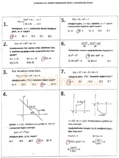 12 sınıf matematik cevapları