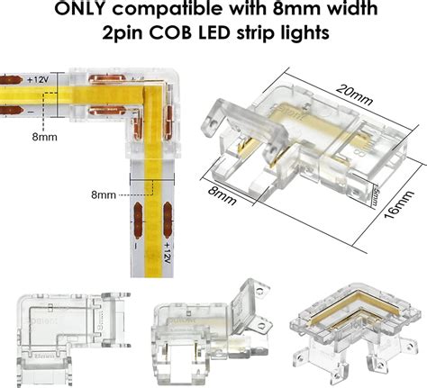 12Pcs 2Pin L-Shaped COB LED Connectors 8mm Strip to Strip