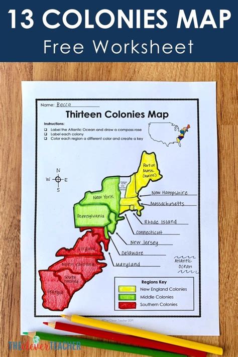 13 Colonies Free Map Worksheet and Lesson for students History