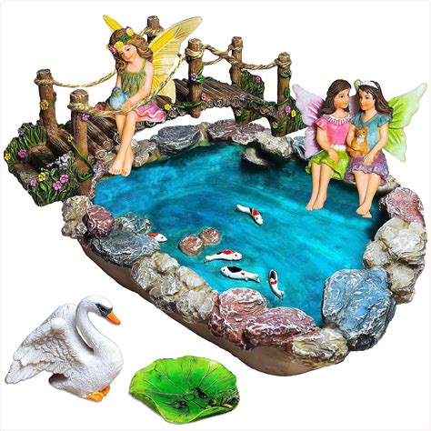 14 PCS Fairy Garden Kit, Fishing Cat Figurines, Miniature Koi Pond ...