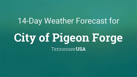 Extended Forecast for Pigeon Forge TN . Columbus Day. Partly Sunny. High: 70 °F. Tonight. Mostly Cloudy. Low: 49 °F. Tuesday. Sunny. High: 73 °F. Tuesday ... Pigeon Forge TN 35.8°N 83.54°W (Elev. 1099 ft) Last Update: 3:05 am EDT Oct 9, 2023. Forecast Valid: 6am EDT Oct 9, 2023-6pm EDT Oct 15, 2023 .. 