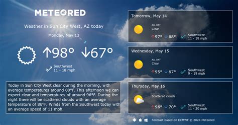 Sun City West, AZ's morning weather forecast for today and the next 15 days. Includes the high, RealFeel, precipitation, sunrise & sunset times, as well as historical weather for that particular date.. 