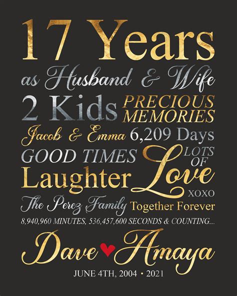17 year wedding anniversary gift. Our curated selection of anniversary gifts adds a touch of magic to your special day, ensuring heartfelt moments and lasting memories. Canvas Print. 17 Year Milestone Custom Canvas Print. $59.95. Desktop plaque. Custom Photo Desktop Plaque. $24.95. Mug. A Toast To The Happy Couple Coffee Mug. 
