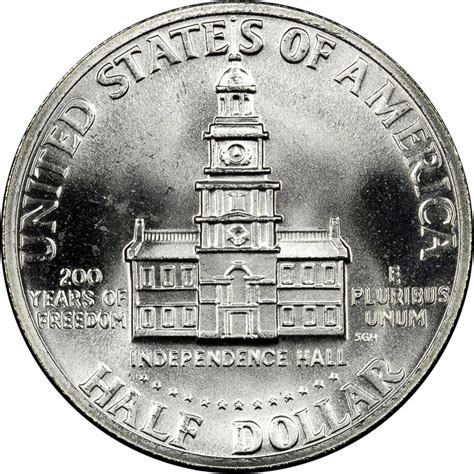 The United States Bicentennial coinage is a set of circulating commemorative coins, consisting of a quarter, half dollar and dollar struck by the United States Mint in 1975 and 1976. Regardless of when struck, each coin bears the double date 1776–1976 on the normal obverses for the Washington quarter, Kennedy half dollar and Eisenhower dollar.. 